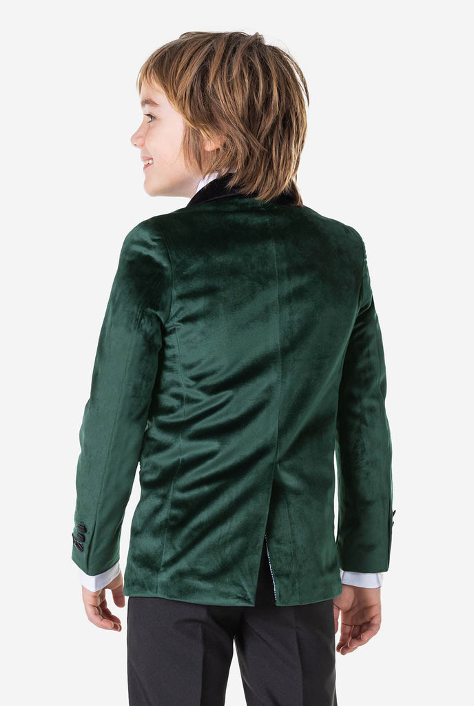 Junge, der grüne Abendkleid -Jacke trägt, Blick von hinten
