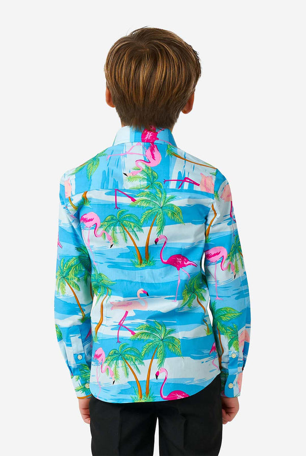 Junge, der langer Ärmel -Jungenhemd mit Sommerflamingo -Druck trägt, Blick von hinten