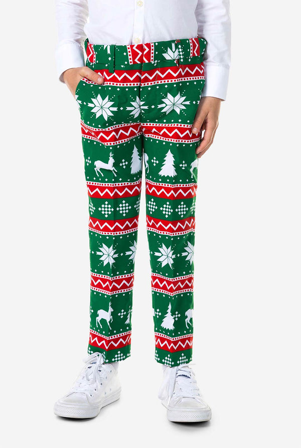 Kind trägt grünen Weihnachtsanzug, Hosen Zoom