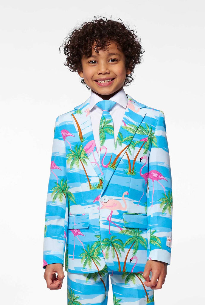 Hellblauer tropischer Anzug mit Flamingo -Druck für Jungen, die von Jungen getragen werden