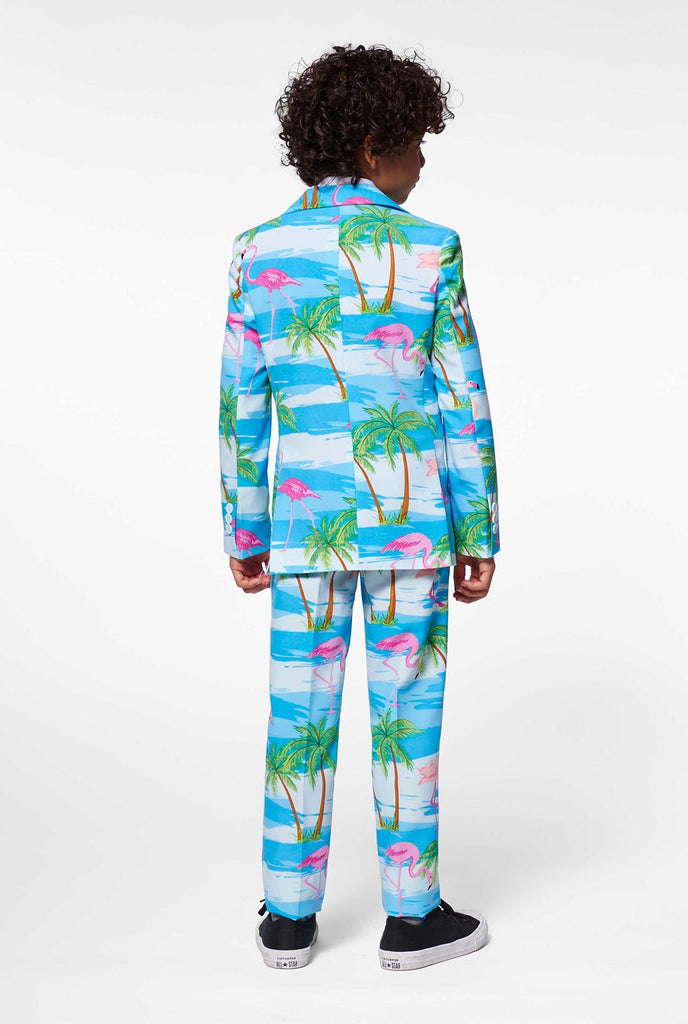 Hellblauer tropischer Anzug mit Flamingo -Druck für Jungen, die von Jungen von hinten getragen werden