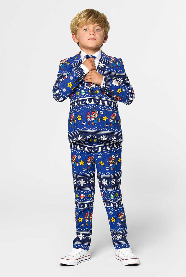 Weihnachtsanzug für Jungen mit Super Mario -Druck von Jungen getragen