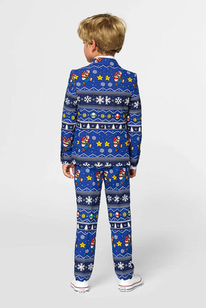Weihnachtsanzug für Jungen mit Super Mario -Druck, der von Jungen von hinten getragen wird