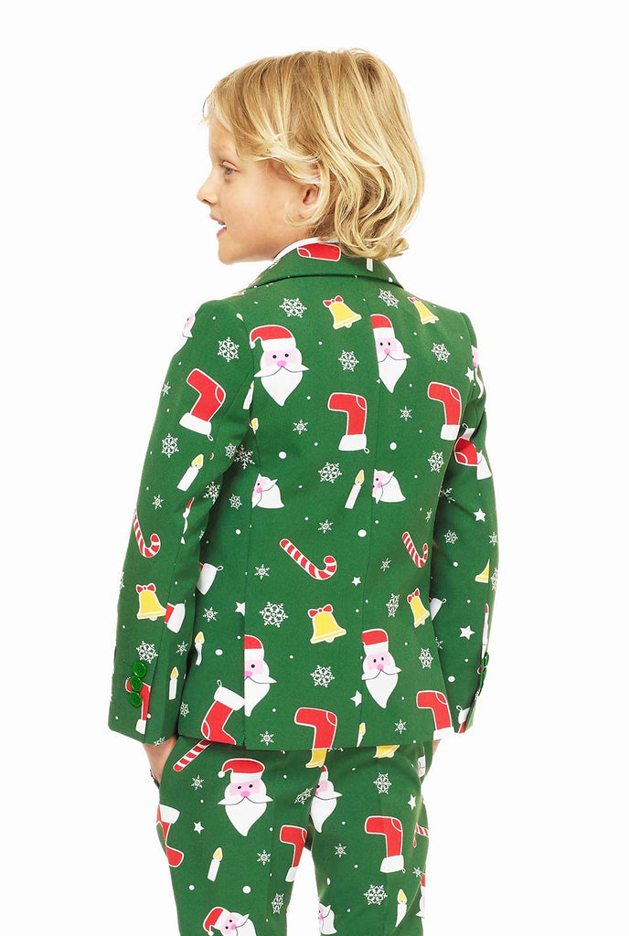 Grüner Weihnachtsanzug für Jungen mit Weihnachts -Cartoon -Ikonen, die von Jungen von hinten getragen werden