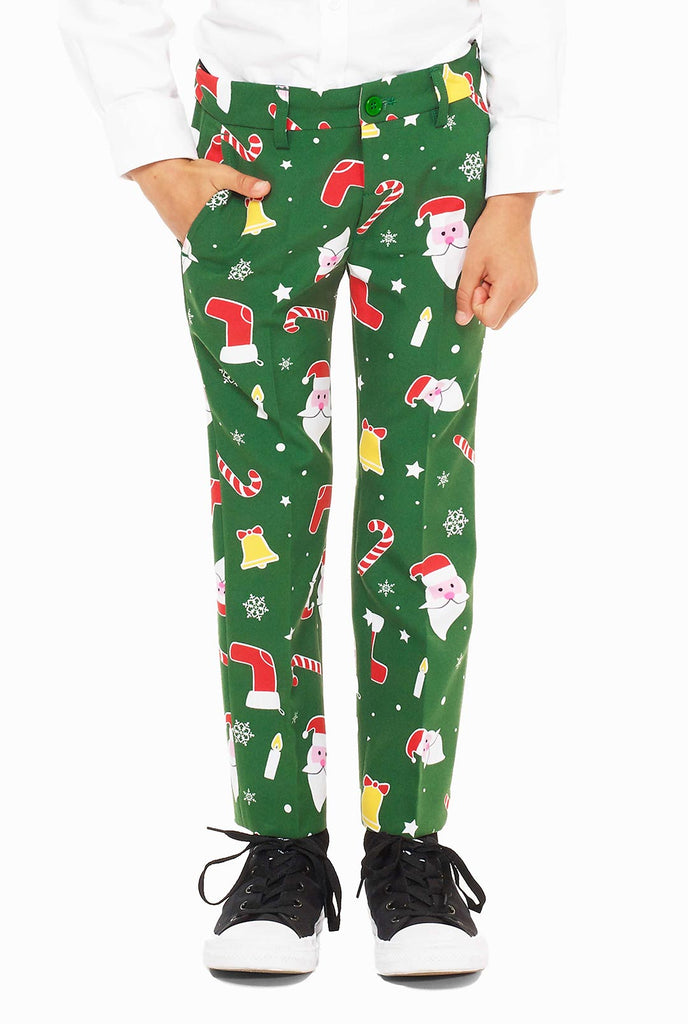 Grüner Weihnachtsanzug für Jungen mit Weihnachts -Cartoon -Ikonen, die von Jungen getragen werden, Hose View