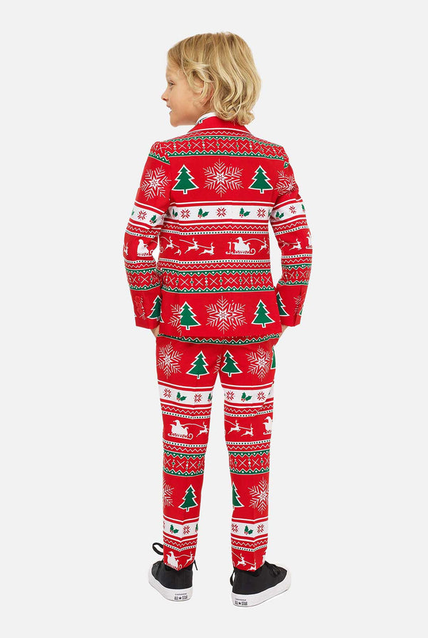 Roter Weihnachtsanzug für Jungen, die von Jungen von hinten getragen werden