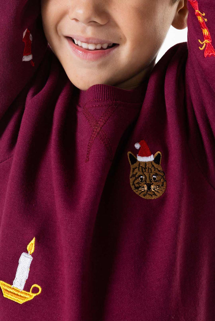 Kind, das burgunderrote rote Weihnachtspullover mit Weihnachtssikonen trägt, in der Nähe