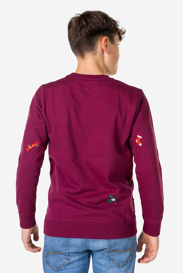 Kind mit burgunderroten roten Weihnachtspullover mit Weihnachtselikonen, Blick von hinten