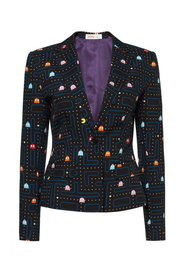 Schwarzer Blazer mit Pac-Man-Druck