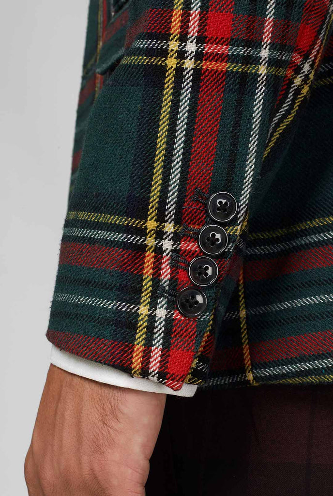 Roter und grüner Tartan Blazer, der vom Mann getragen wird, Ärmel in der Nähe