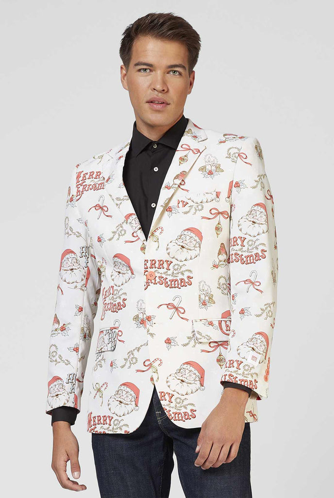 Mann, der courseweißes und rotes Chrismas Blazer und schwarzes Hemd trägt