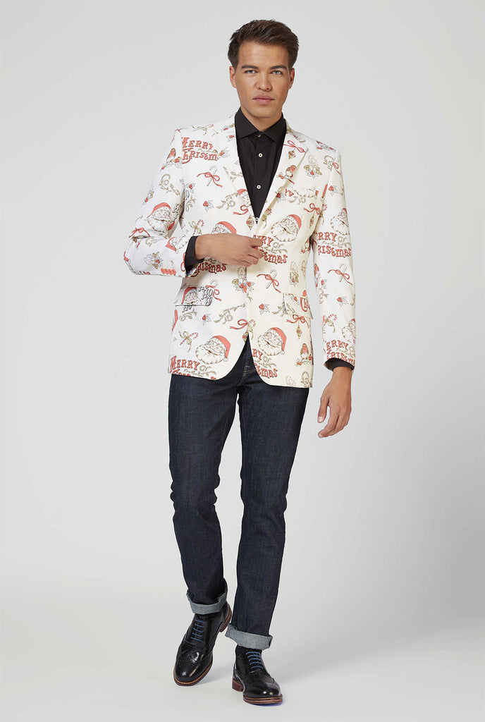 Mann, der courseweißes und rotes Chrismas Blazer und schwarzes Hemd trägt