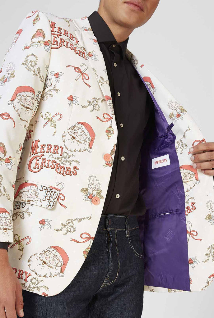 Mann, der courseweißes und rotes Chrismas Blazer und schwarzes Hemd trägt