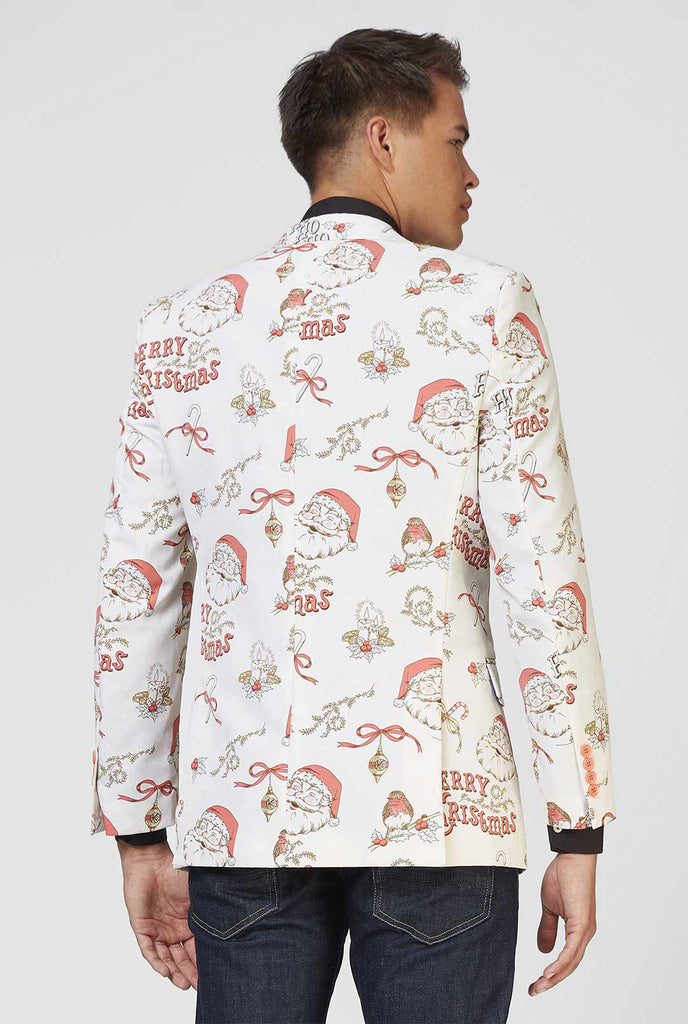 Mann, der achkundig und rot Chrismas Blazer und schwarzes Hemd trägt, Blick von hinten