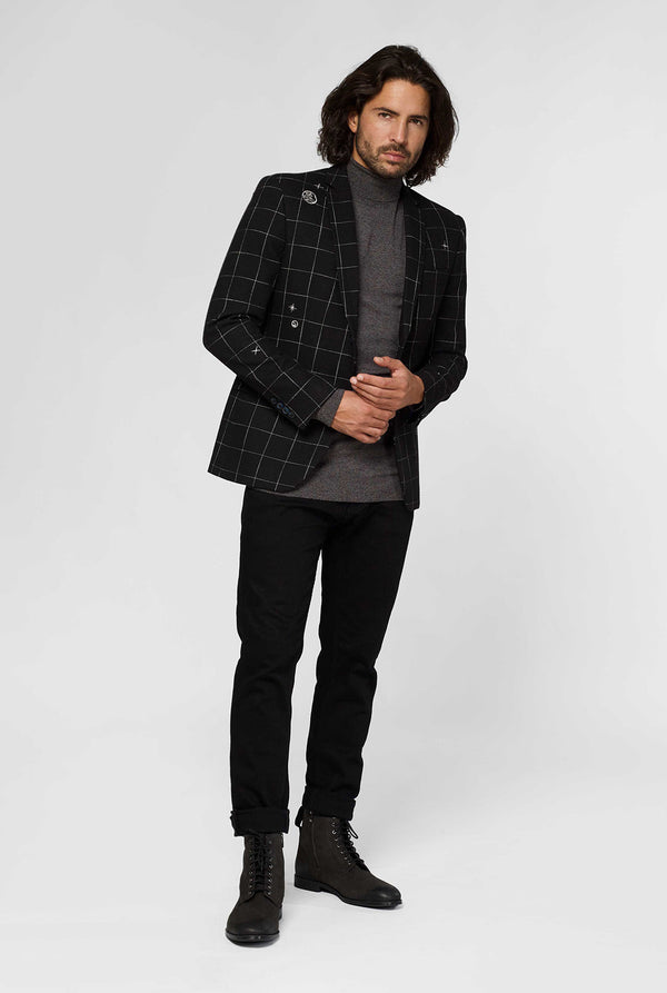 Schwarze Casual Blazer mit weißem Netzmuster, das vom Mann getragen wird