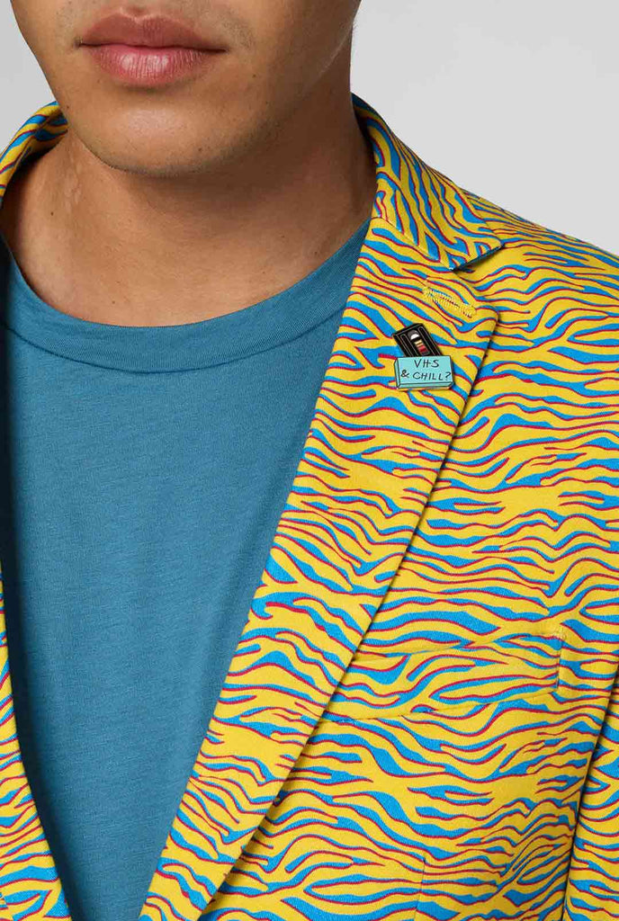 Gelb und blauer Zebra -Druck lässig Blazer Nahaufnahme