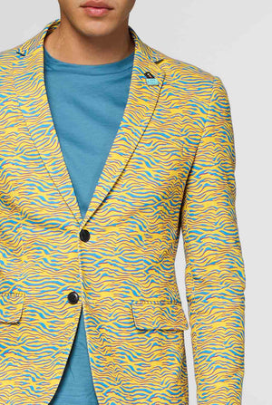 Gelb und blauer Zebra -Druck lässig Blazer Nahaufnahme