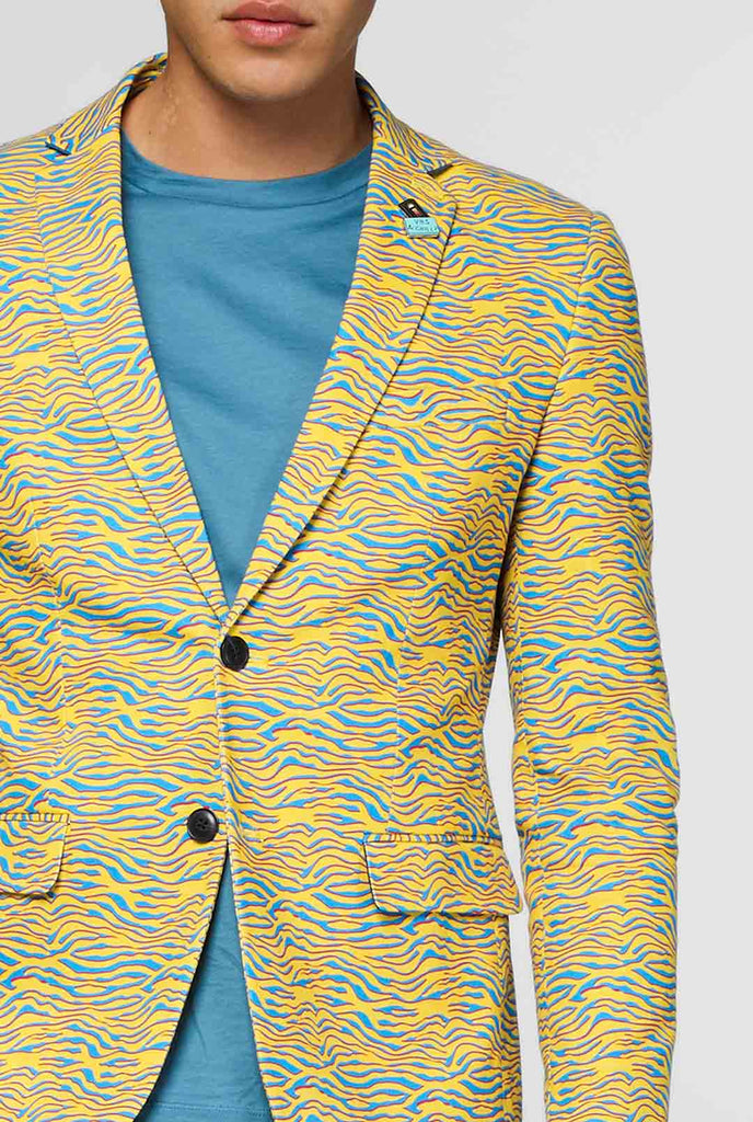 Gelb und blauer Zebra -Druck lässig Blazer Nahaufnahme