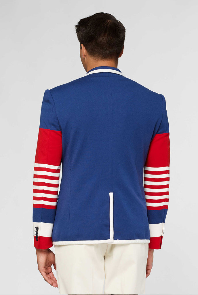Rot weiß und blau sportlicher lässiger Blazer, die vom Mann getragen wird, Blick von hinten
