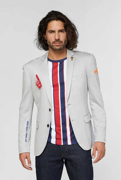 Grau Sportswear Casual Blazer mit Sportpläpern, die vom Mann getragen werden