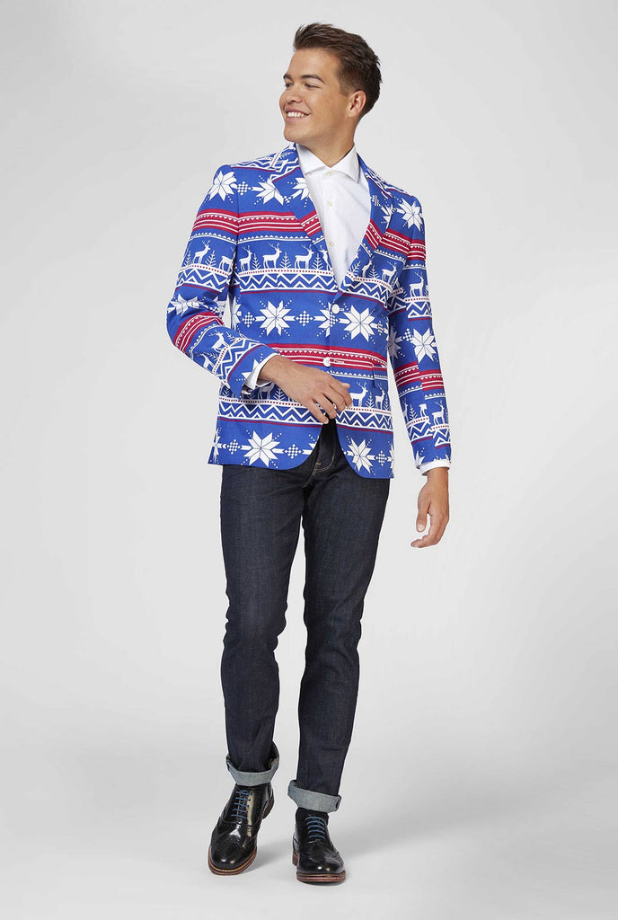 Blau und rotes Weihnachts -Blazer, der vom Mann getragen wird
