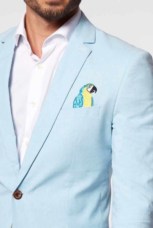 Blau Casual Blazer mit Papageienstickerei vom Mann getragen, Nahaufnahme