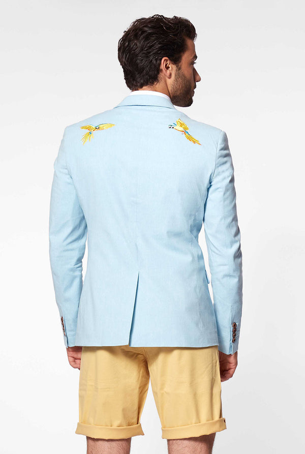 Blau Casual Blazer mit Papageienstickerei vom Mann getragen, Blick von hinten