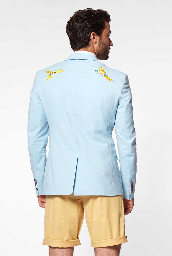 Blue Casual Blazer mit Papageienstickerei vom Mann getragen, Blick von hinten