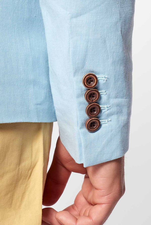 Blau Casual Blazer mit Papageienstickerei vom Mann getragen, Ärmel Nahauf