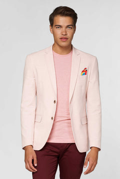 Rosa Lässiger Blazer mit Papageienstickerei vom Mann getragen