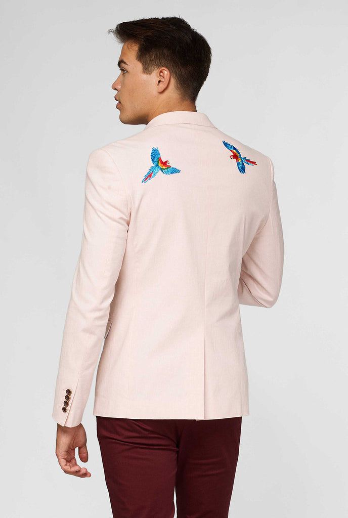 Rosa Lässiger Blazer mit Papageienstickerei vom Mann getragen, Blick von hinten