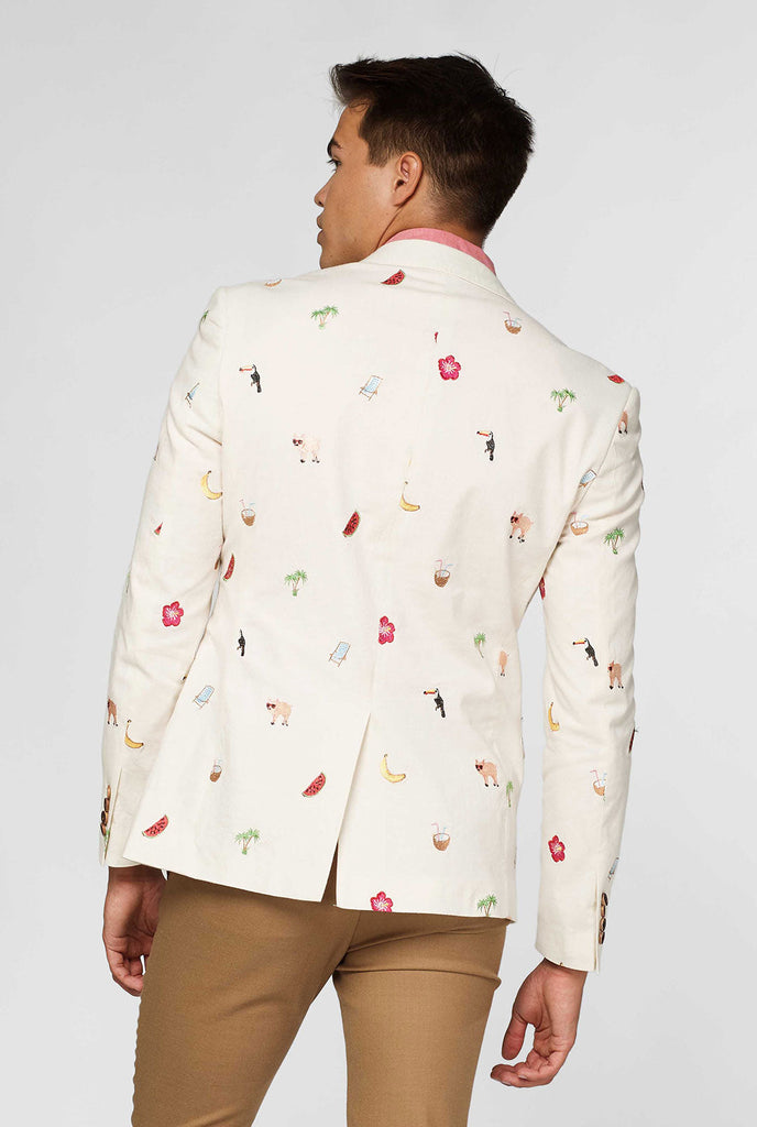 Off-White Blazer mit tropischer Stickerei vom Manner getragen, Blick von hinten
