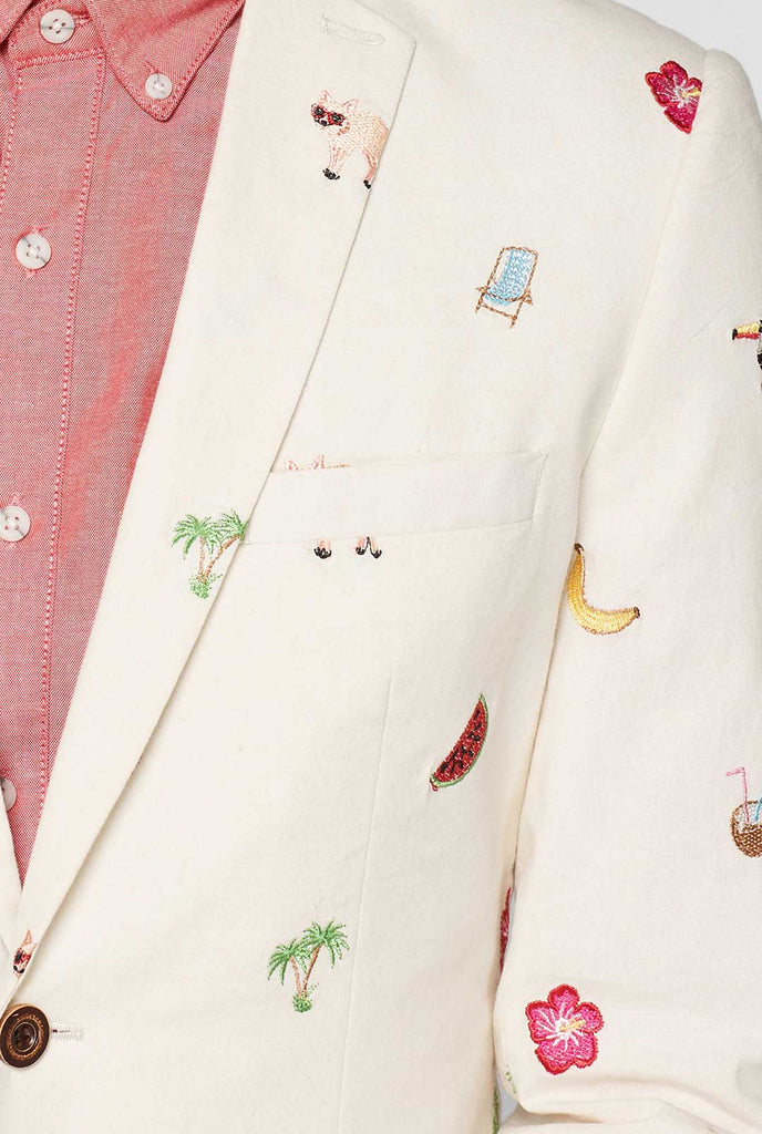 Off-White Blazer mit tropischer Stickerei vom Manner getragen,  Nahaufnahme Stickerei