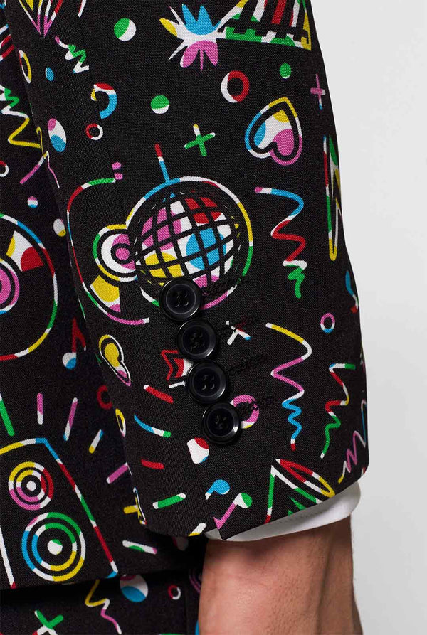 Lustiger Carnaval -Anzug Disco Dude von Mann Detailhülle mit schwarzen Knöpfen getragen