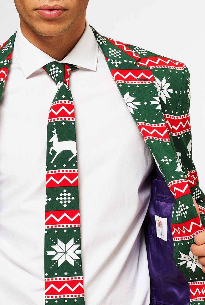 Herrenanzug grün und rot Weihnachtsthemen, getragen vom Mann, Nahaufnahme