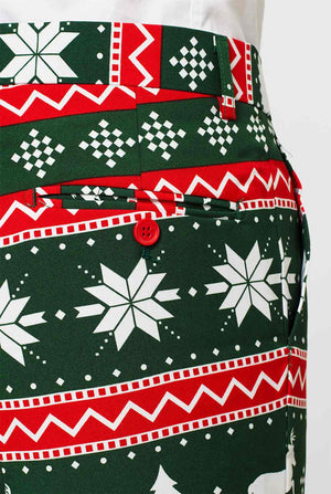 Herrenanzug grün und rot Weihnachtsthemen, getragen vom Mann, Blick auf die Hose