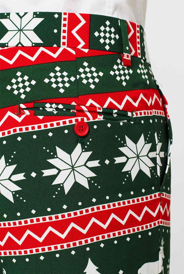 Herrenanzug grün und rot Weihnachtsthemen, getragen vom Mann, Blick auf die Hose