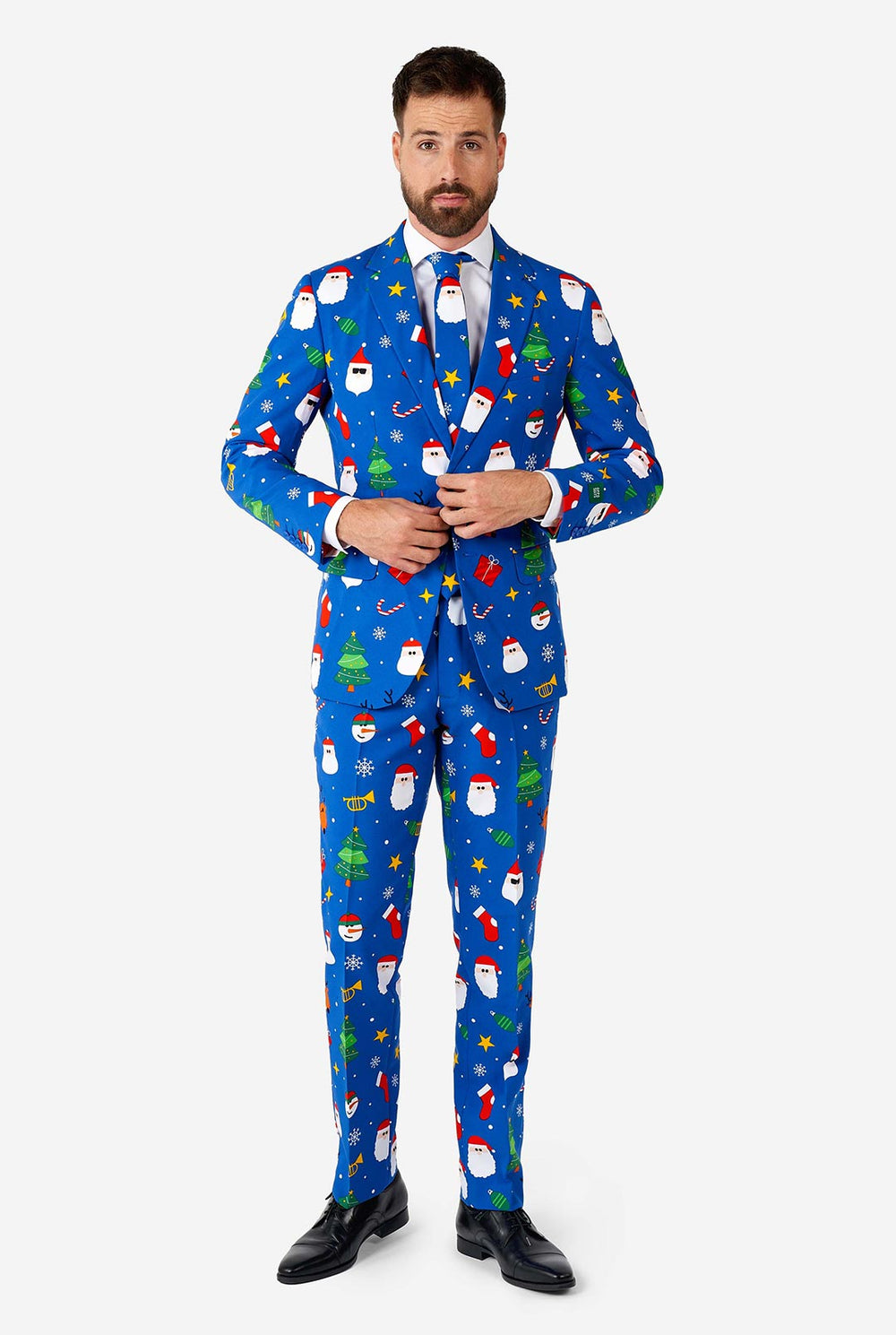 Mann, der blauen Weihnachtsanzug trägt