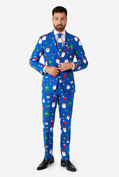 Mann, der blauen Weihnachtsanzug trägt