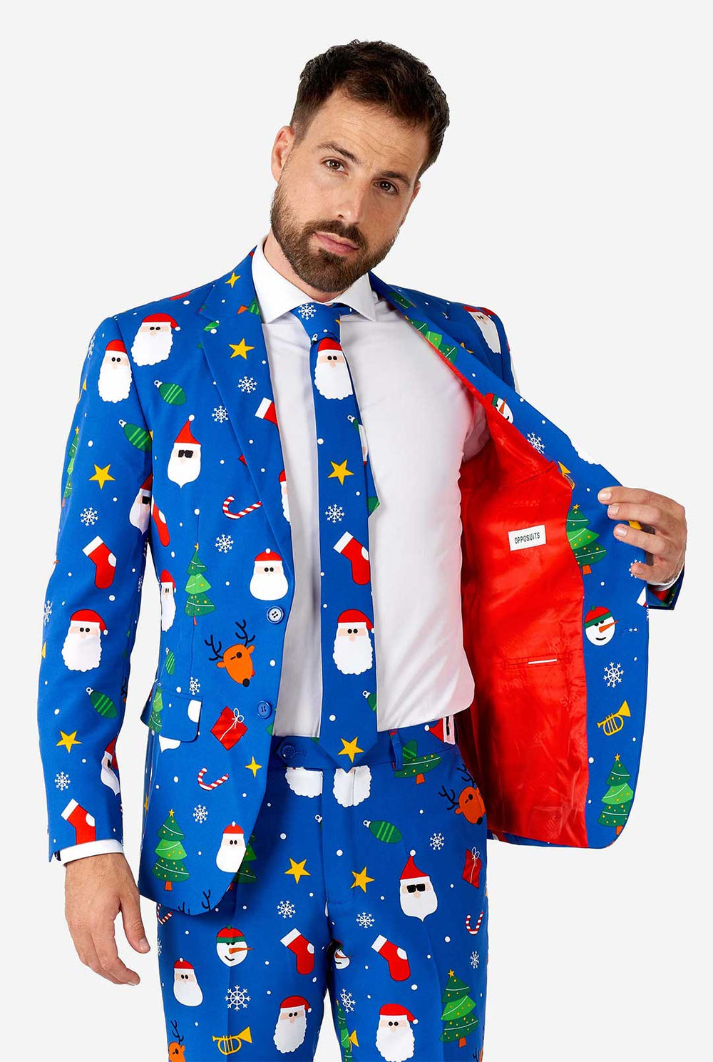 Mann, der blauen Weihnachtsanzug trägt
