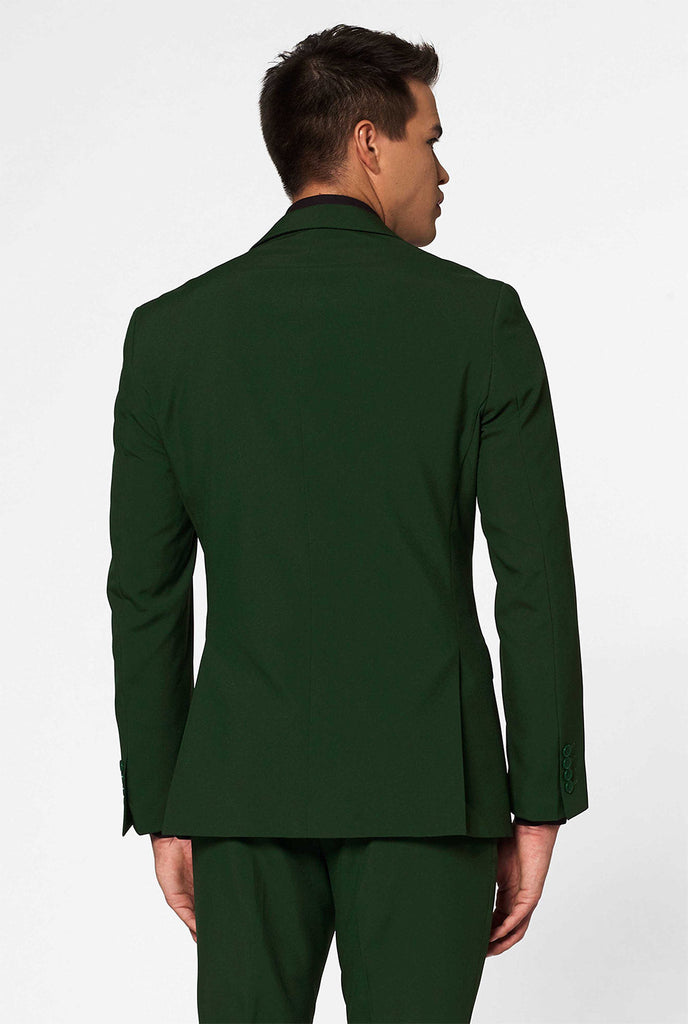 Fest farbiger dunkelgrüner Anzug, das von Männern getragen wird, Blick auf hinten