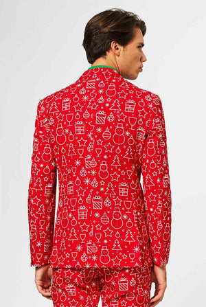 Roter Weihnachtsanzug mit Weihnachtssymboldruck, Blick von hinten