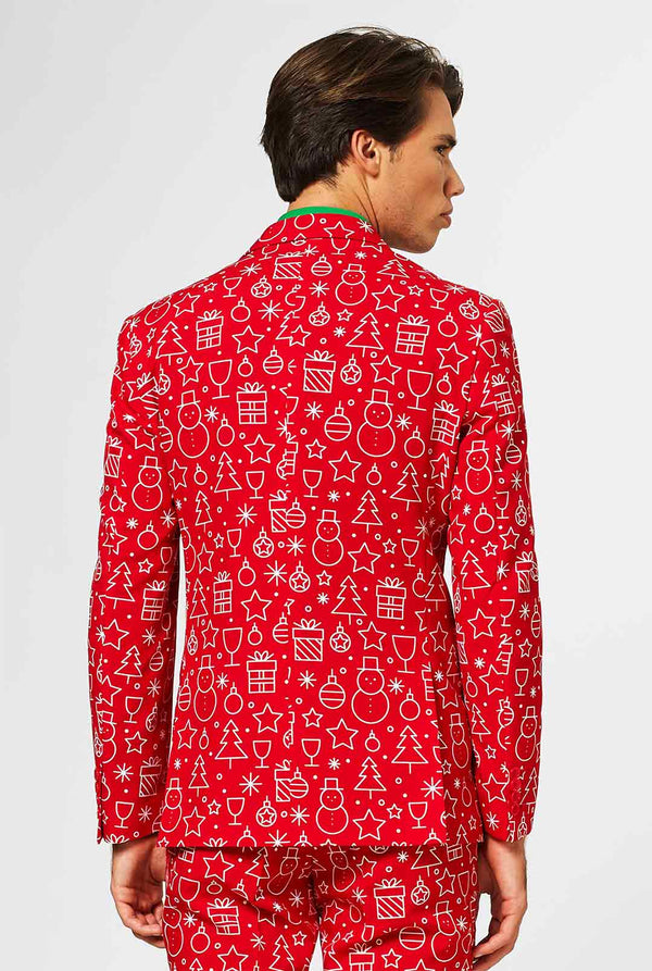 Roter Weihnachtsanzug mit Weihnachtssymboldruck, Blick von hinten