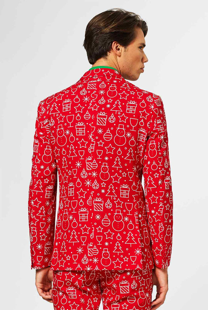 Roter Weihnachtsanzug mit Weihnachtssymboldruck, Blick von hinten