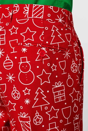 Roter Weihnachtsanzug mit Weihnachtsprotokoll vom Mann getragen, Nahaufnahme Hose