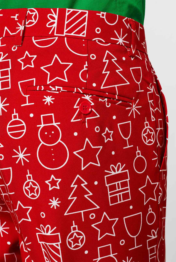 Roter Weihnachtsanzug mit Weihnachtsprotokoll vom Mann getragen, Nahaufnahme Hose