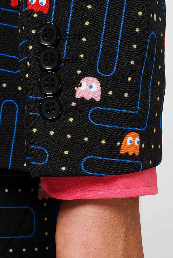 Pac-Man Labyrinthanzug, der vom Mann getragen wird, Nahaufnahme Ärmel