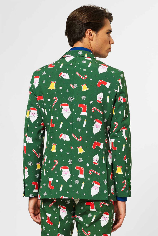 Mann, der grünen Weihnachtsanzug und blaues Hemd trägt, Blick von hinten