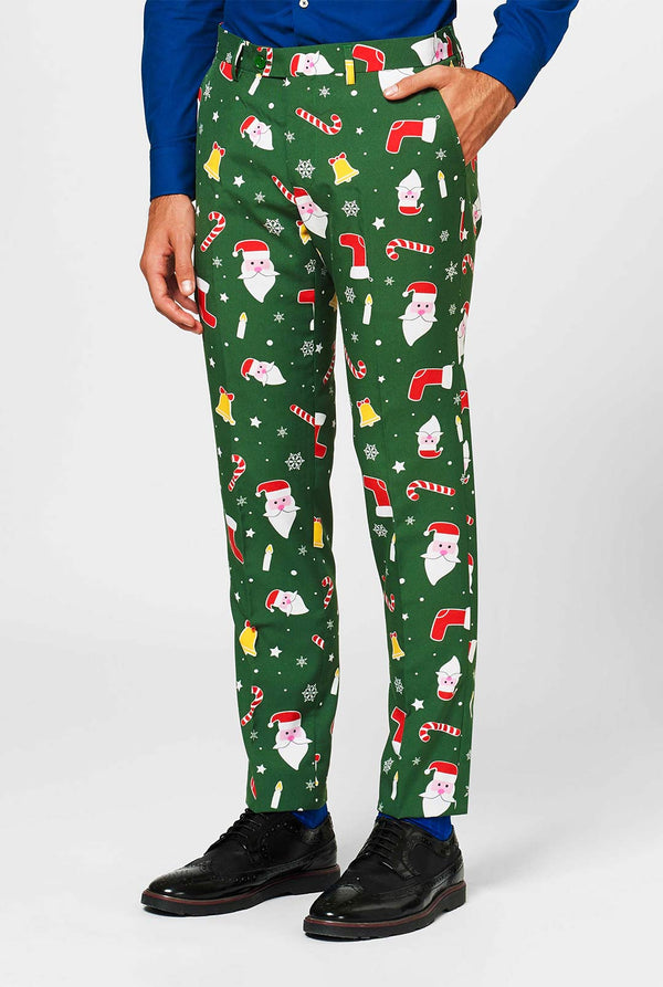 Mann, der grünen Weihnachtsanzug und blaues Hemd trägt, Hose Blick auf die Hose