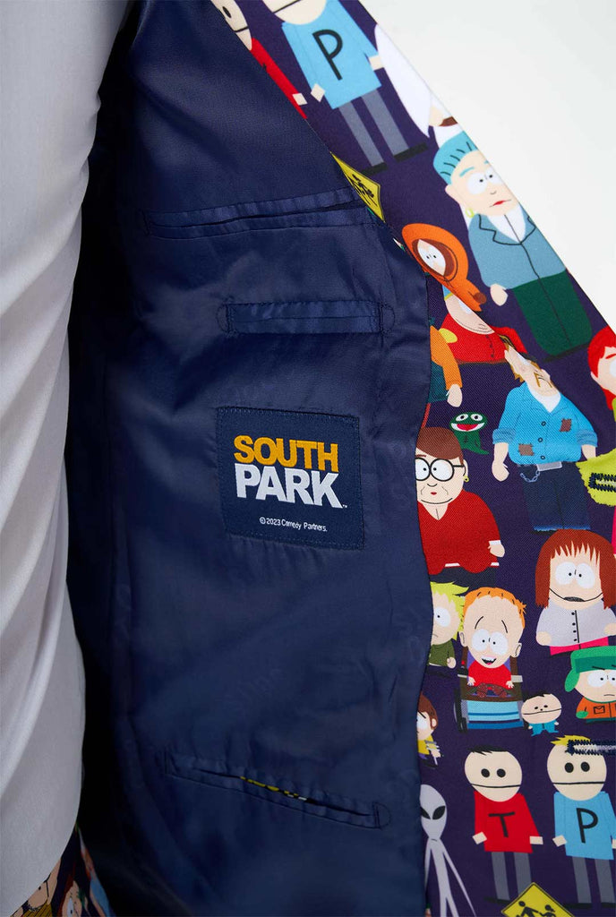 Mann, der Southpark -Herrenanzug trägt, Nahaufnamhe in der Jacke